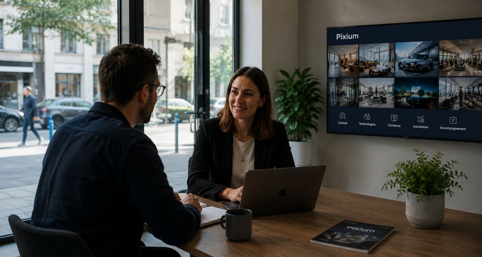 Conseiller Pixium et client en rendez-vous, écran de présentation Pixium en arrière-plan