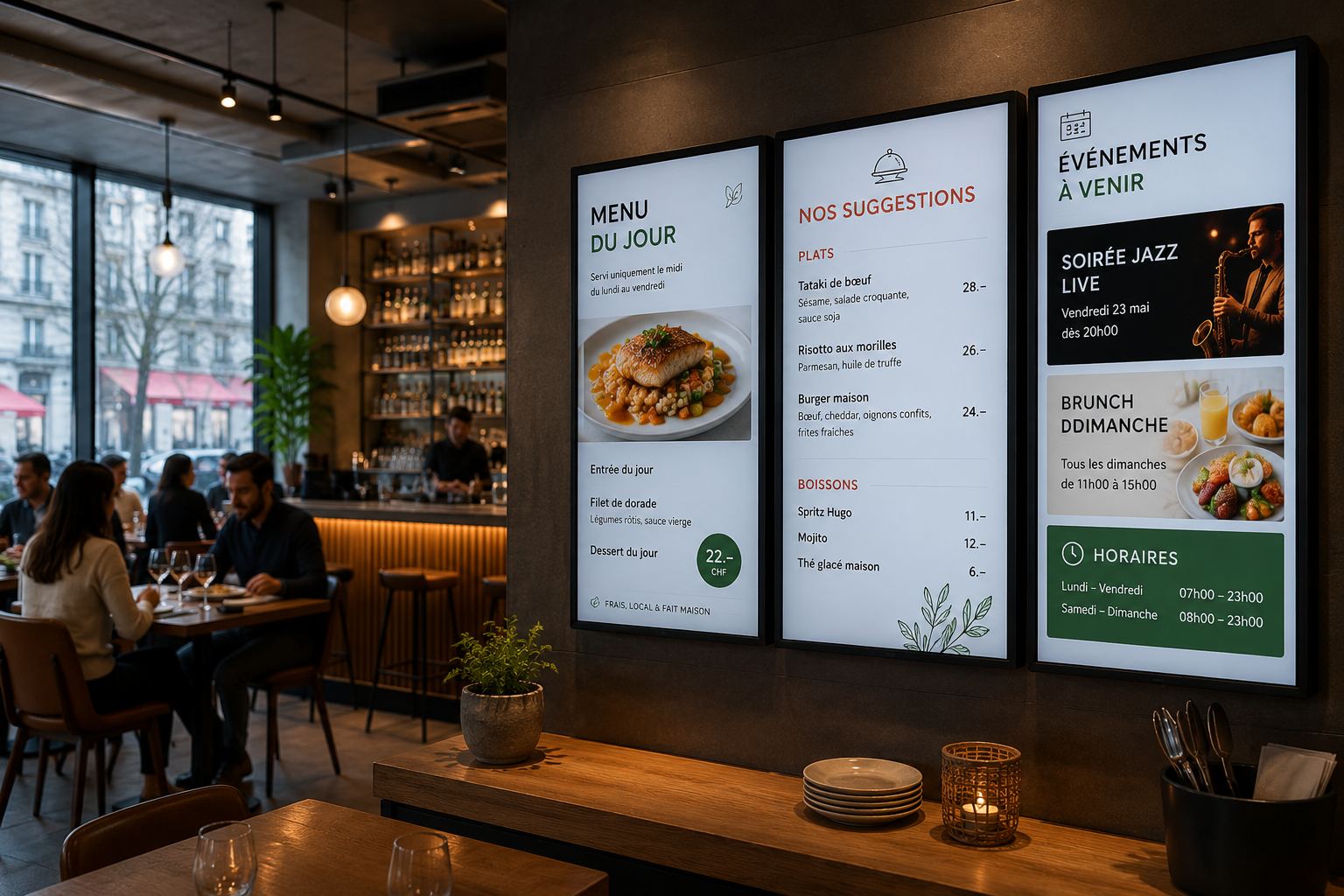 Illustration d'un dispositif d'affichage dynamique Pixium pour le secteur Horeca
