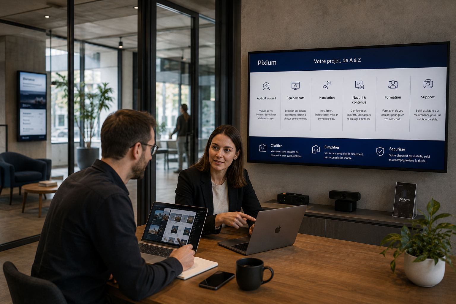 Conseiller Pixium et client passant en revue le déroulé d'un projet d'affichage dynamique