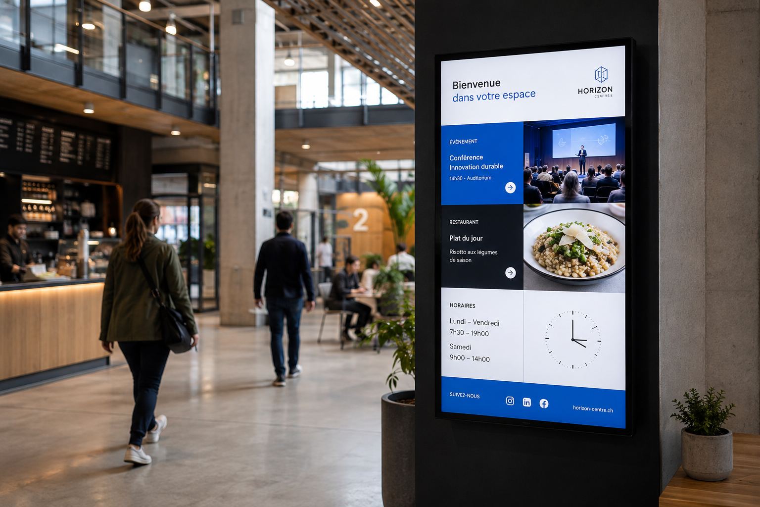 Totem d'affichage dynamique diffusant plusieurs contenus dans un espace de passage