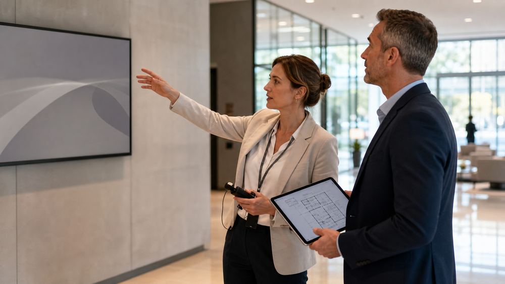 Conseillère Pixium présentant un plan d'implantation d'écran à un client
