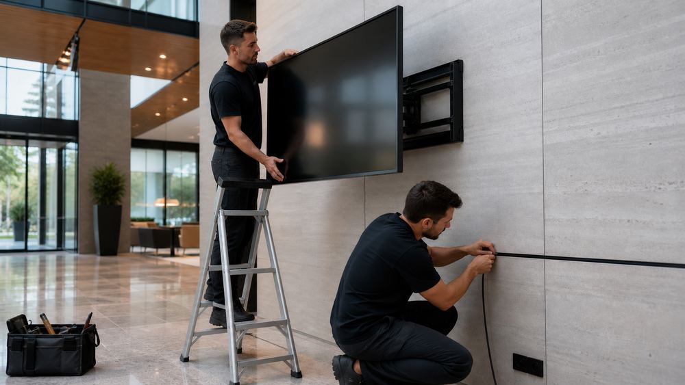 Techniciens Pixium installant un écran mural et raccordant les câbles