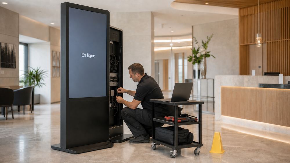 Technicien Pixium assurant la maintenance d'un totem digital