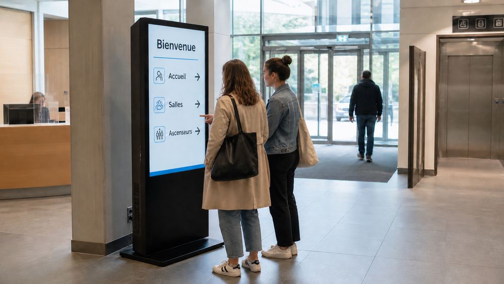 Totem digital installé dans un espace d'accueil